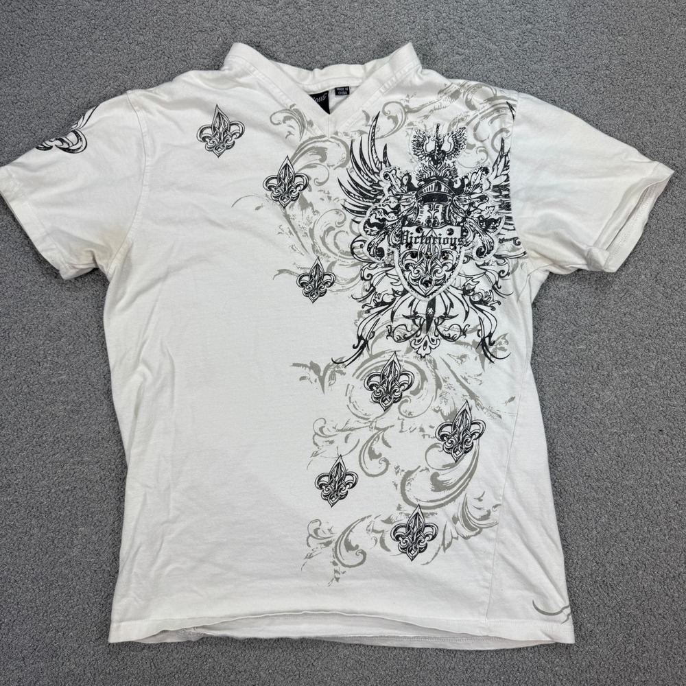 Victorious T-Shirt Men's Medium White Crest Rhinestone Studded V-Neck Y2K Style